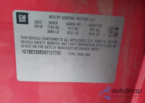 2017 Chevrolet Cruze Lt Auto from USA, damaged, VIN 1G1BE5SM5H7137793